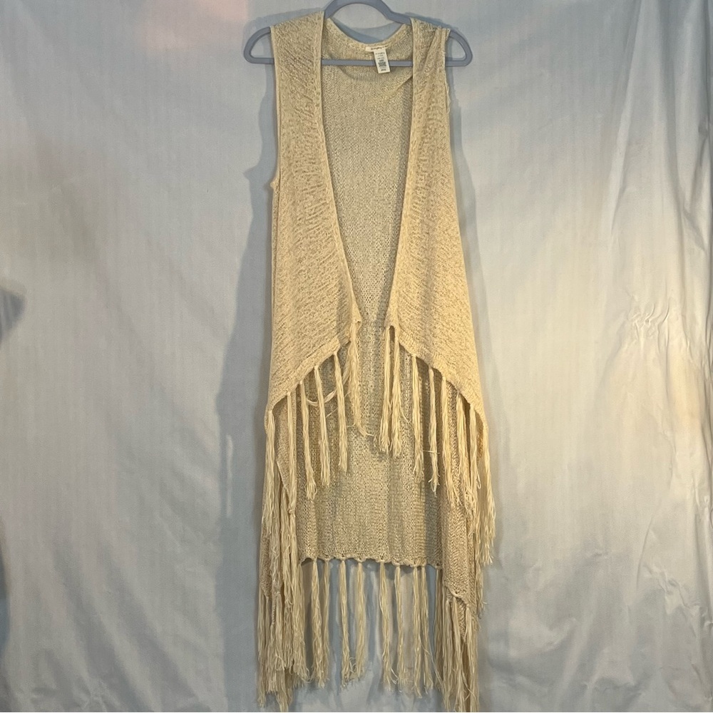 Do Everything In Love Knit Maxi Vest Beige Fringe Open Front Sleeveless 1 Size👍